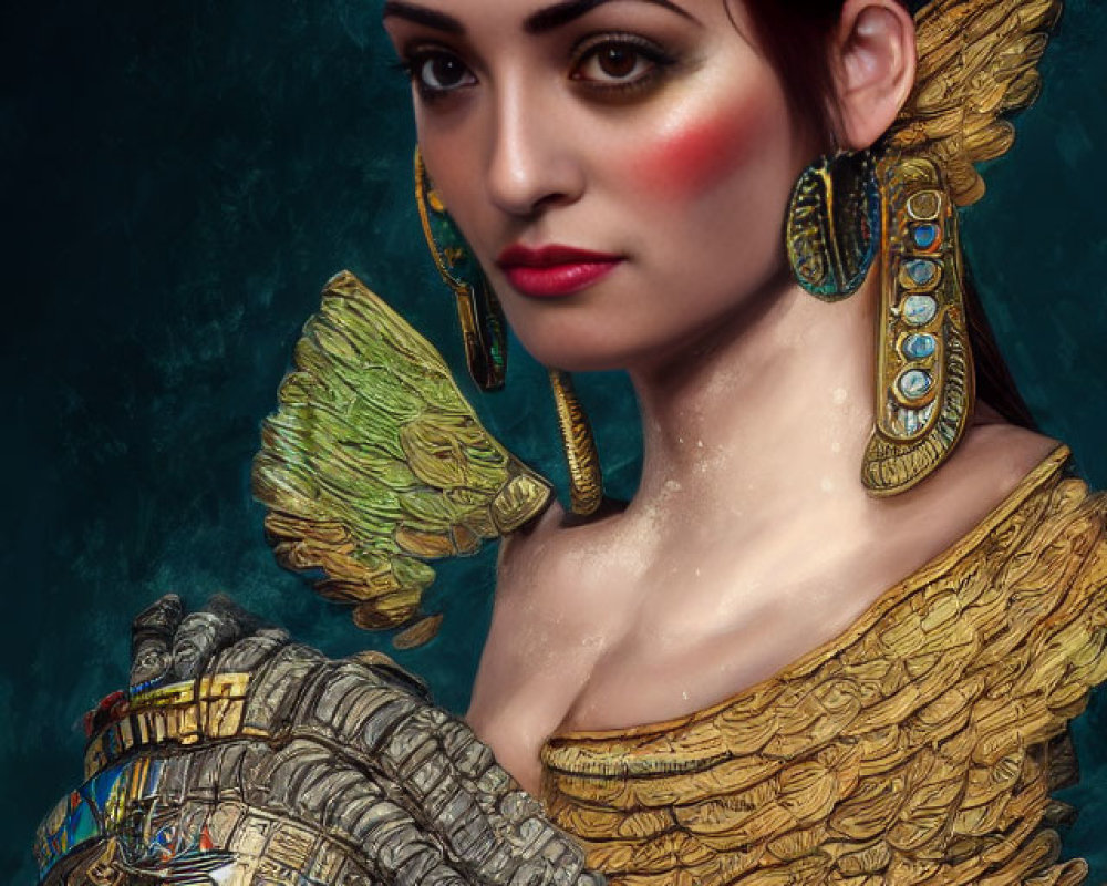 Elaborate Golden Headdress and Earrings on Woman Portrait