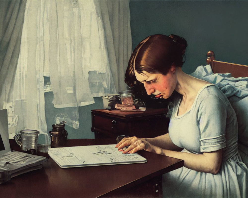 Woman in blue dress with sketchbook and computer in vintage-styled room.