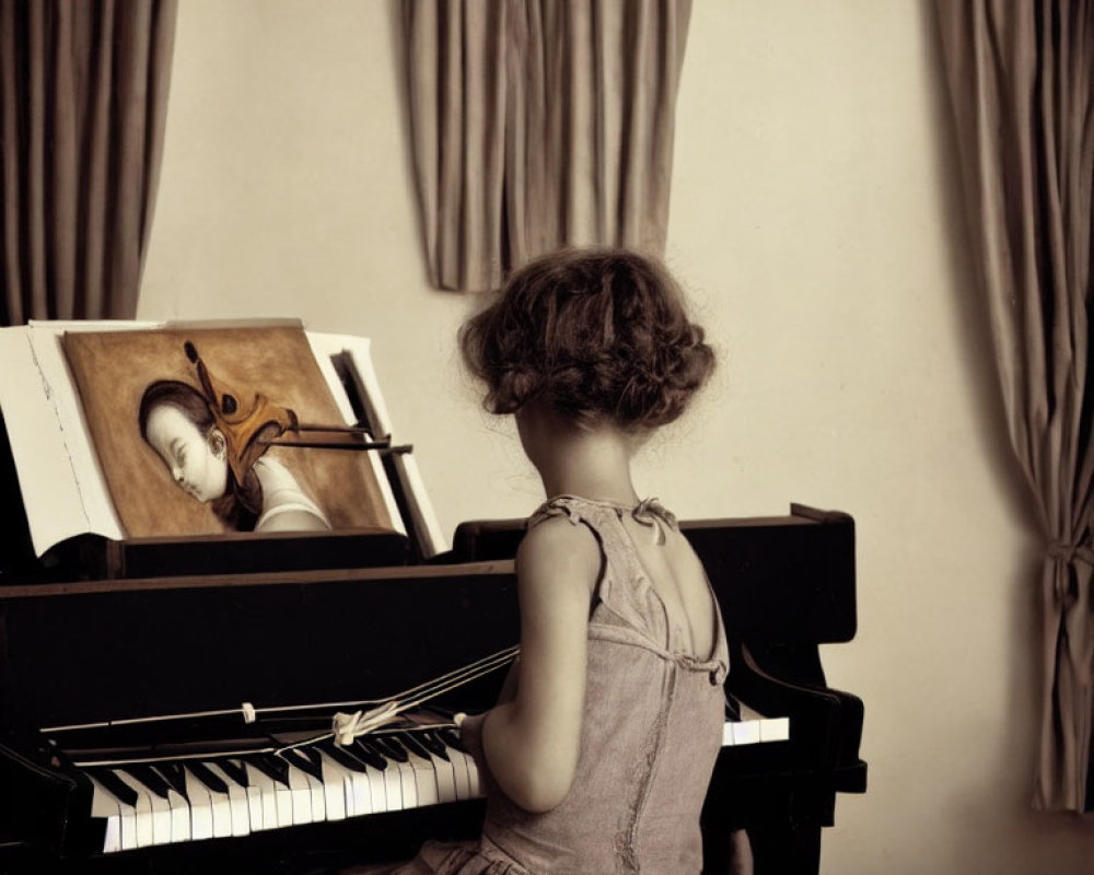 Young girl in dress at piano with illustrated violinist on sheet music