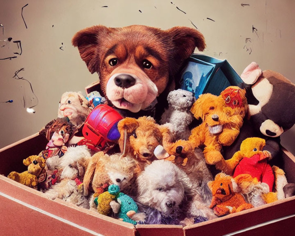 Plush bear with stuffed animals and real dog amidst confetti
