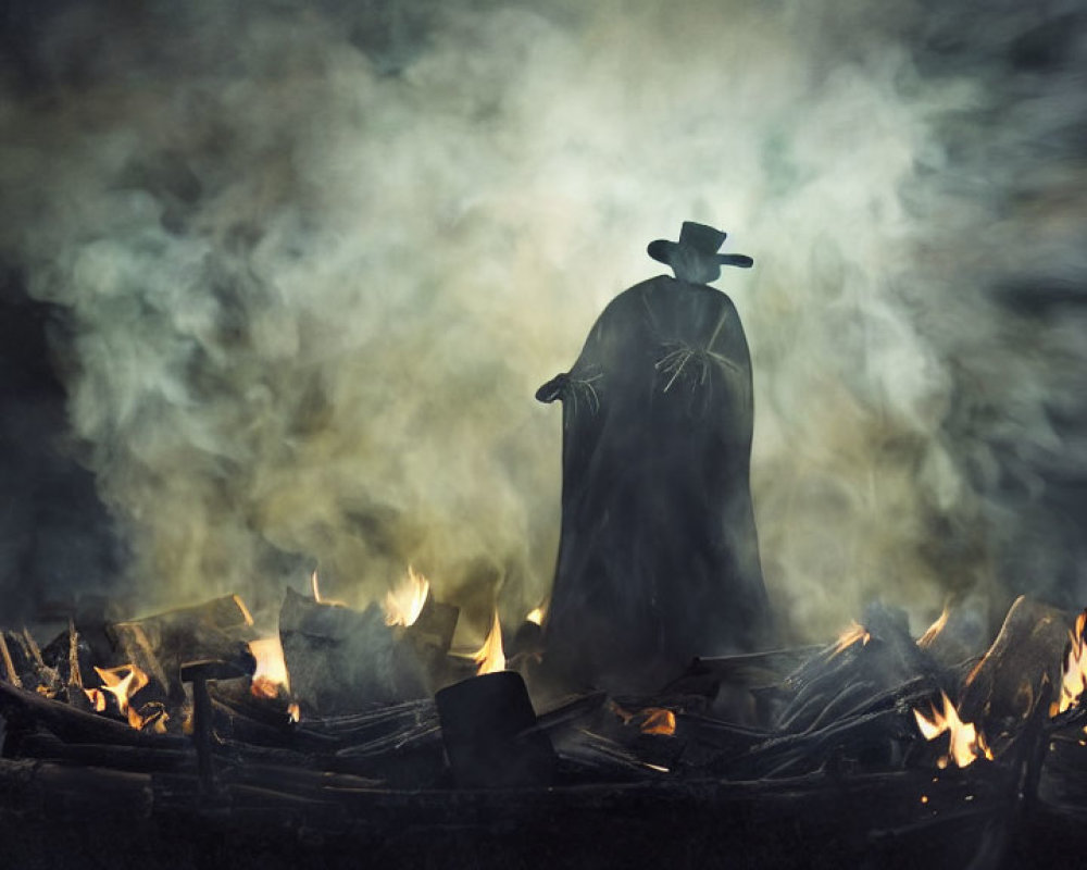 Cloaked Figure Surrounded by Smoke and Flames