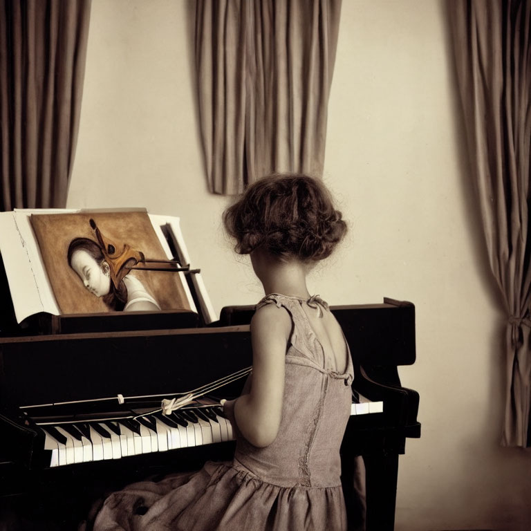 Young girl in dress at piano with illustrated violinist on sheet music