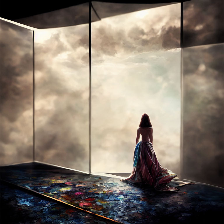 Woman in flowing dress gazes out large window at cloudy sky from colorful floor
