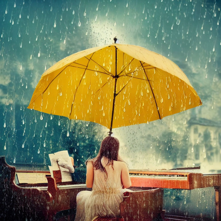 Woman with yellow umbrella sitting on bench in the rain