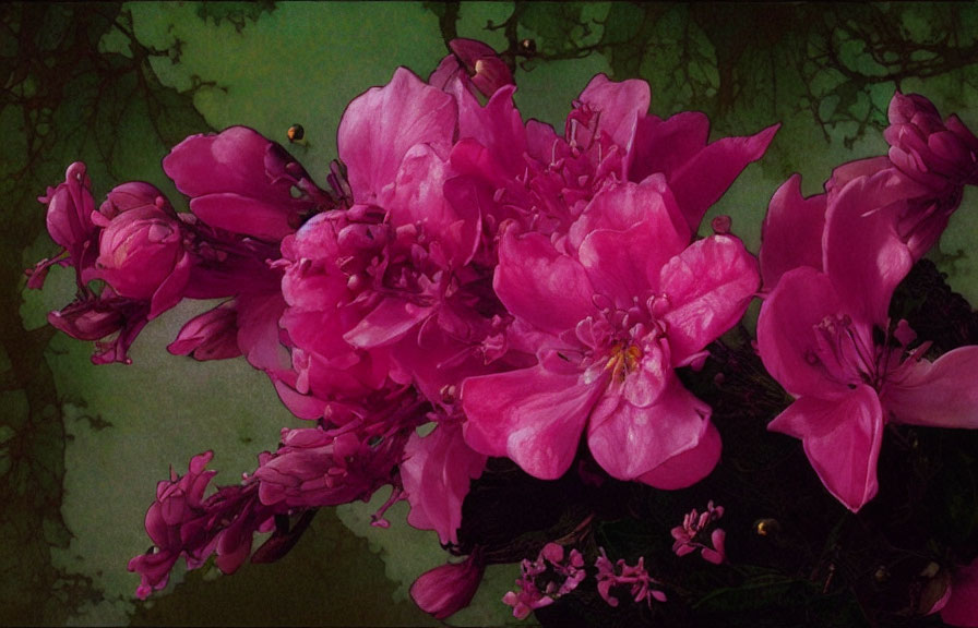 Vibrant pink flowers with stamens in dark foliage setting