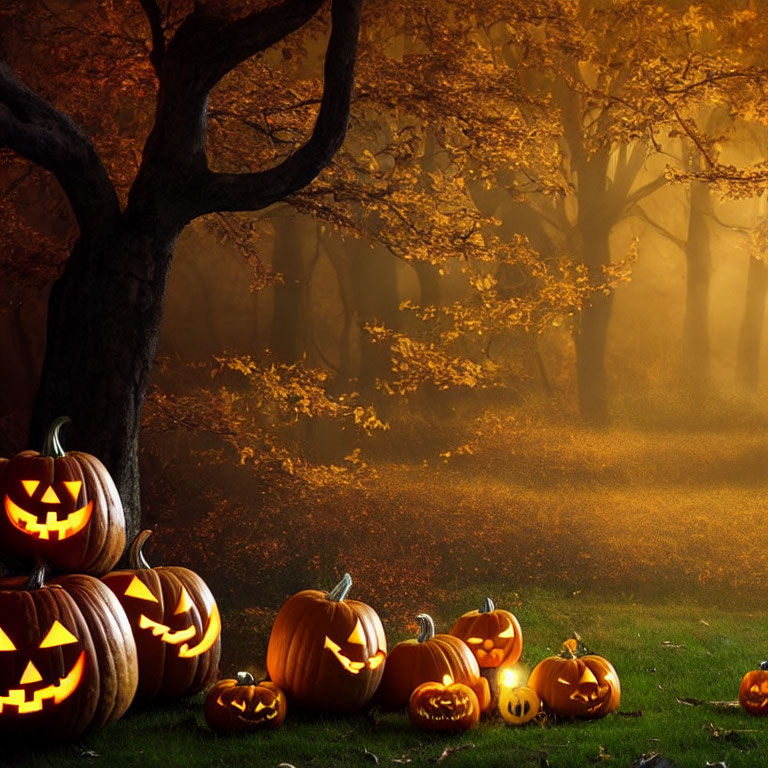 Autumn Forest Halloween Scene with Glowing Pumpkins