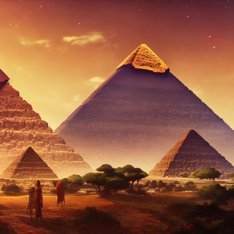 Sunset view of two people near Giza pyramids with glowing sky & desert landscape