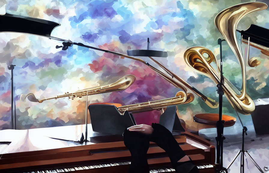 Music room with grand piano & brass instruments on colorful abstract background