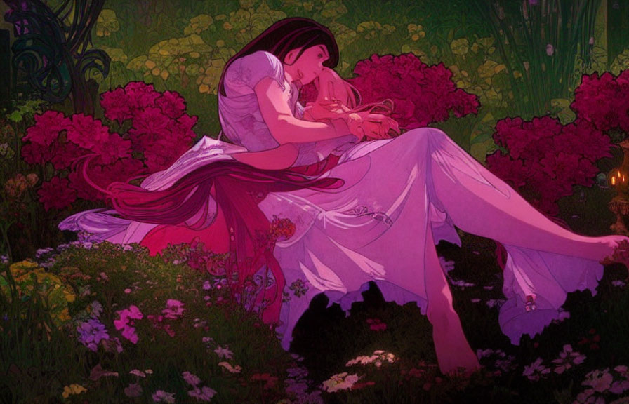 Animated characters embrace in floral setting with candles and greenery