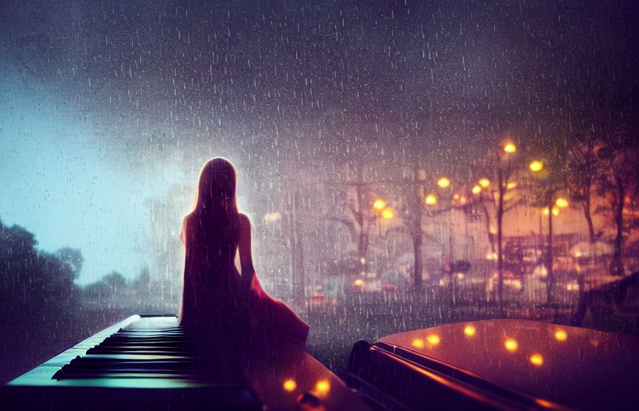 Silhouette of person on car roof watching rainy street at dusk
