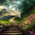 Mystical garden path with pink flowers and moss-covered steps