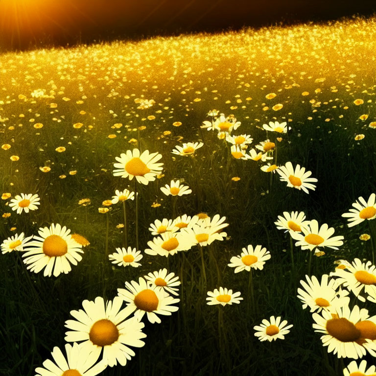Blooming daisies in golden sunlight: a vibrant field scene
