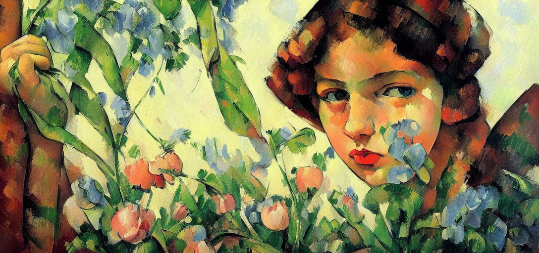 Young woman portrait surrounded by vibrant flowers and greenery in bold brushstrokes