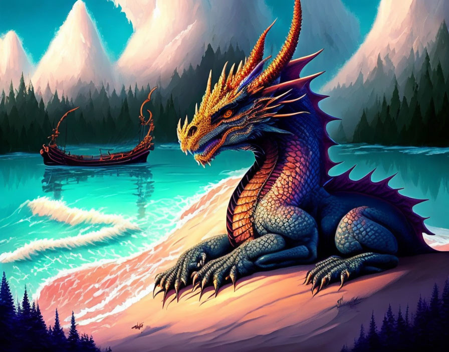 Majestic dragon with orange and blue scales near lake and Viking ship