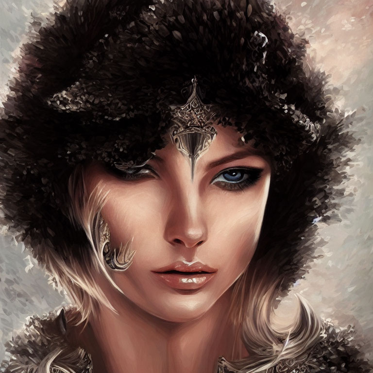 Digital painting of woman with blue eyes in fur hat & ornate cloak