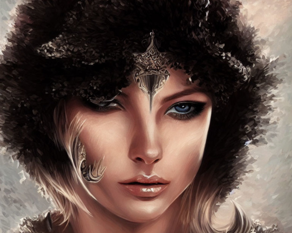 Digital painting of woman with blue eyes in fur hat & ornate cloak