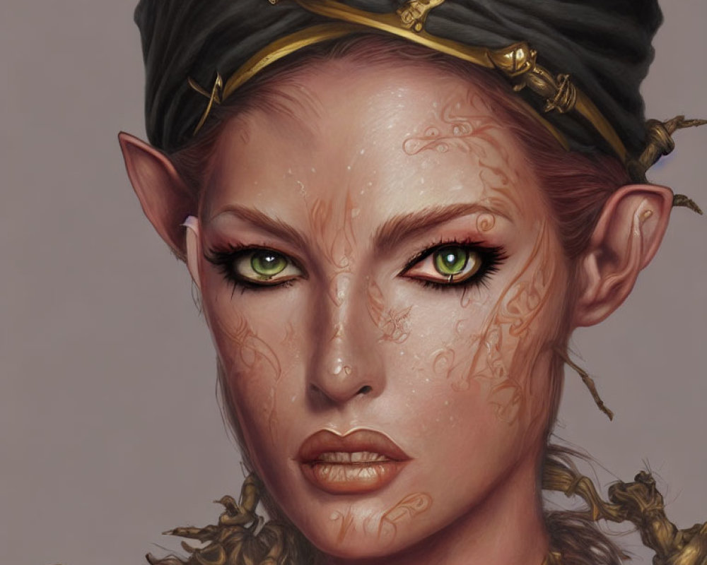 Fantasy portrait of female character with pointed ears and green eyes, adorned with intricate golden face tattoos and