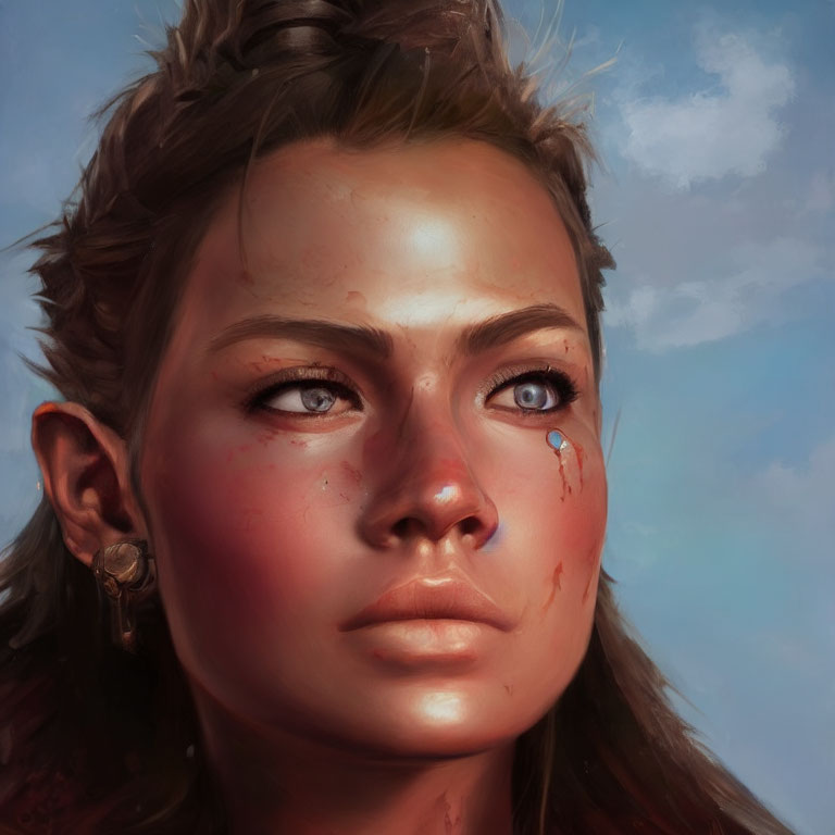 Close-up digital painting: Woman with tanned skin, freckles, tear on cheek, looking