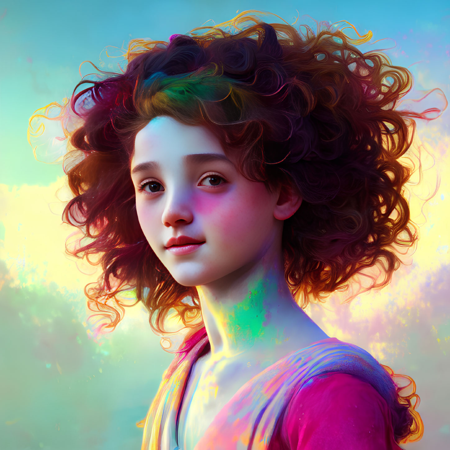 Vibrant digital artwork: young person with curly hair on pastel background