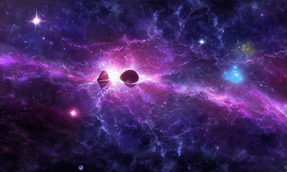 Colorful cosmic scene with nebula, stars, planet & geometric shapes on purple-blue backdrop