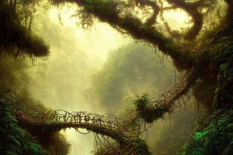 Misty jungle with natural arching branch bridge in golden light