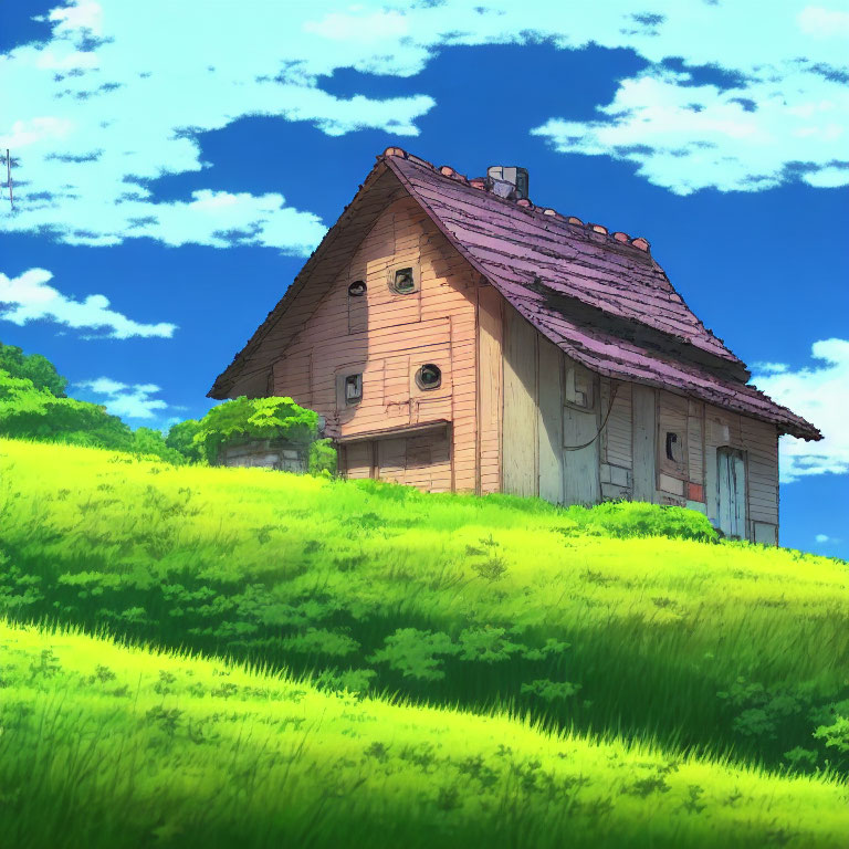 Animated image of solitary wooden house on lush green hillside
