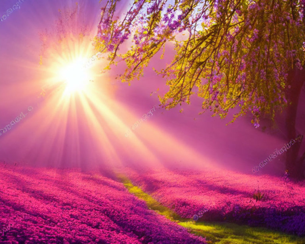 Colorful Sunrise Over Purple Flower Landscape with Pink Blossom Tree