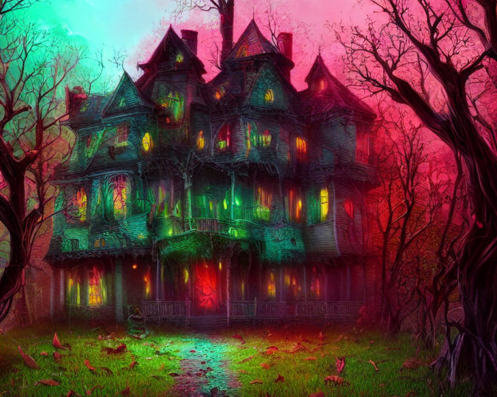 Vibrant Victorian haunted house with eerie lighting and twisted trees