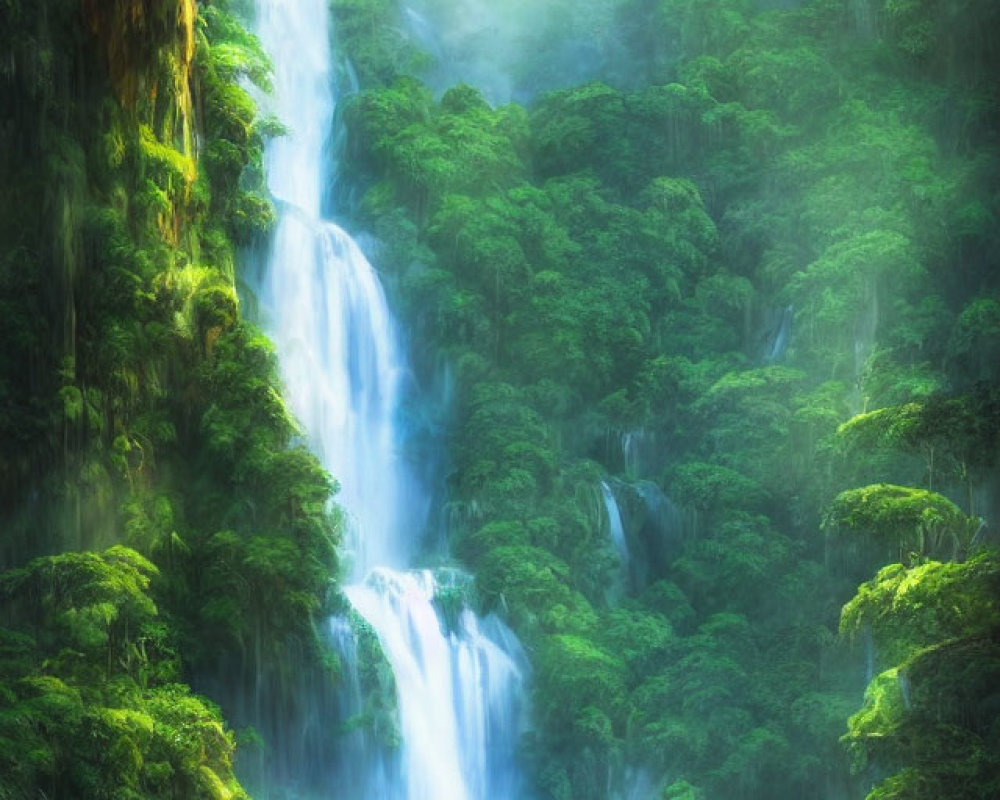 Tranquil forest scene: cascading waterfall, lush greenery, soft sunlight, misty t