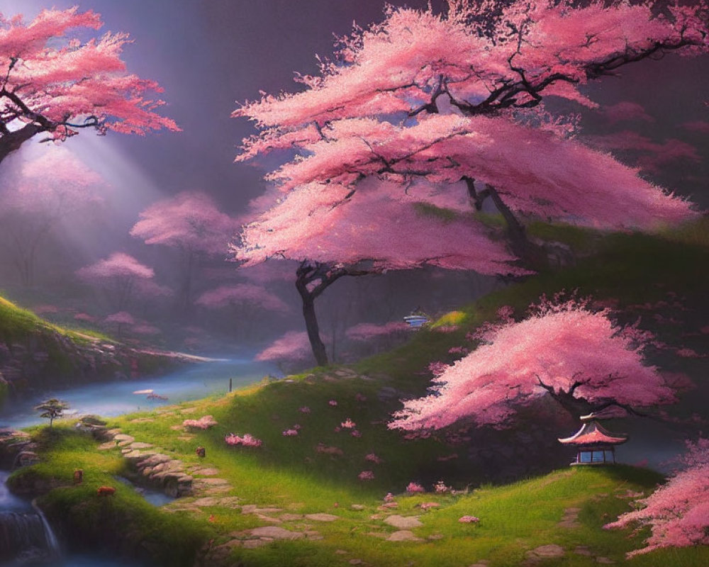 Tranquil landscape with stream, cherry blossom trees, and traditional structure