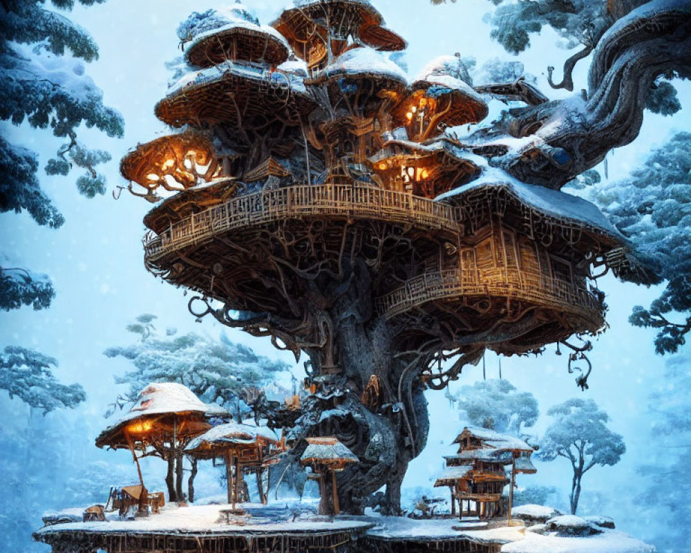 Enchanted snow-covered treehouse in twilight forest
