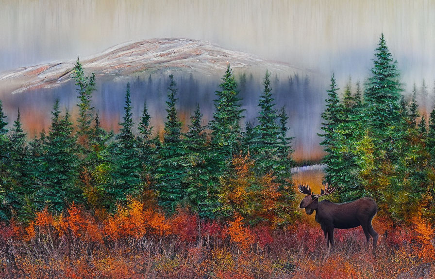 Moose in Vibrant Autumn Landscape with Evergreens