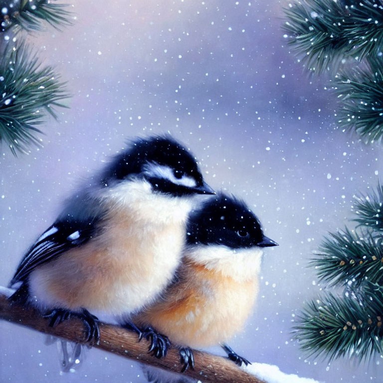 Black and White Birds Perched on Snow-Dusted Branch