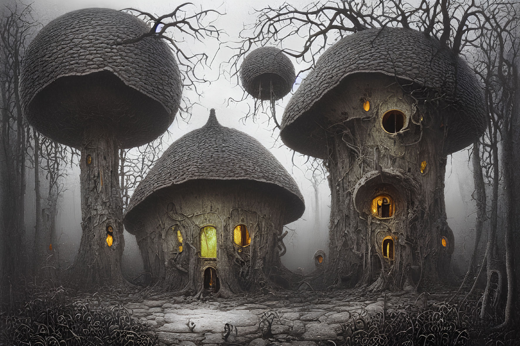 Enchanted Forest Scene: Glowing Mushroom Houses in Mist