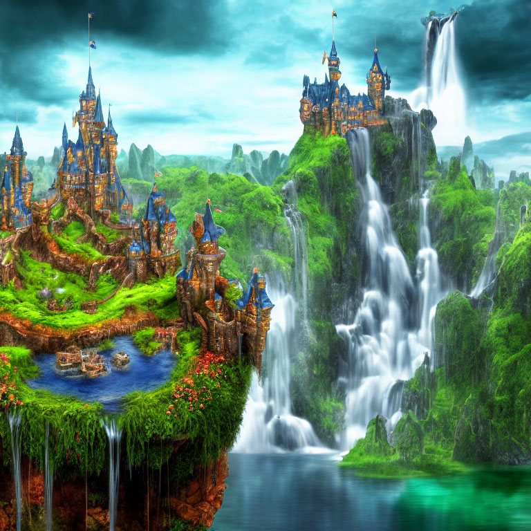 Majestic castles, waterfalls, and serene lake in vibrant fantasy landscape