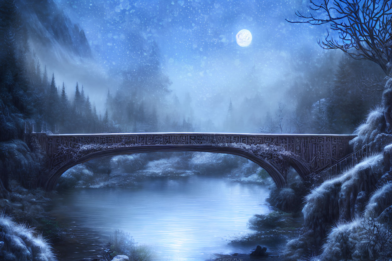 Decorative bridge in winter night landscape with snow-covered trees and calm river