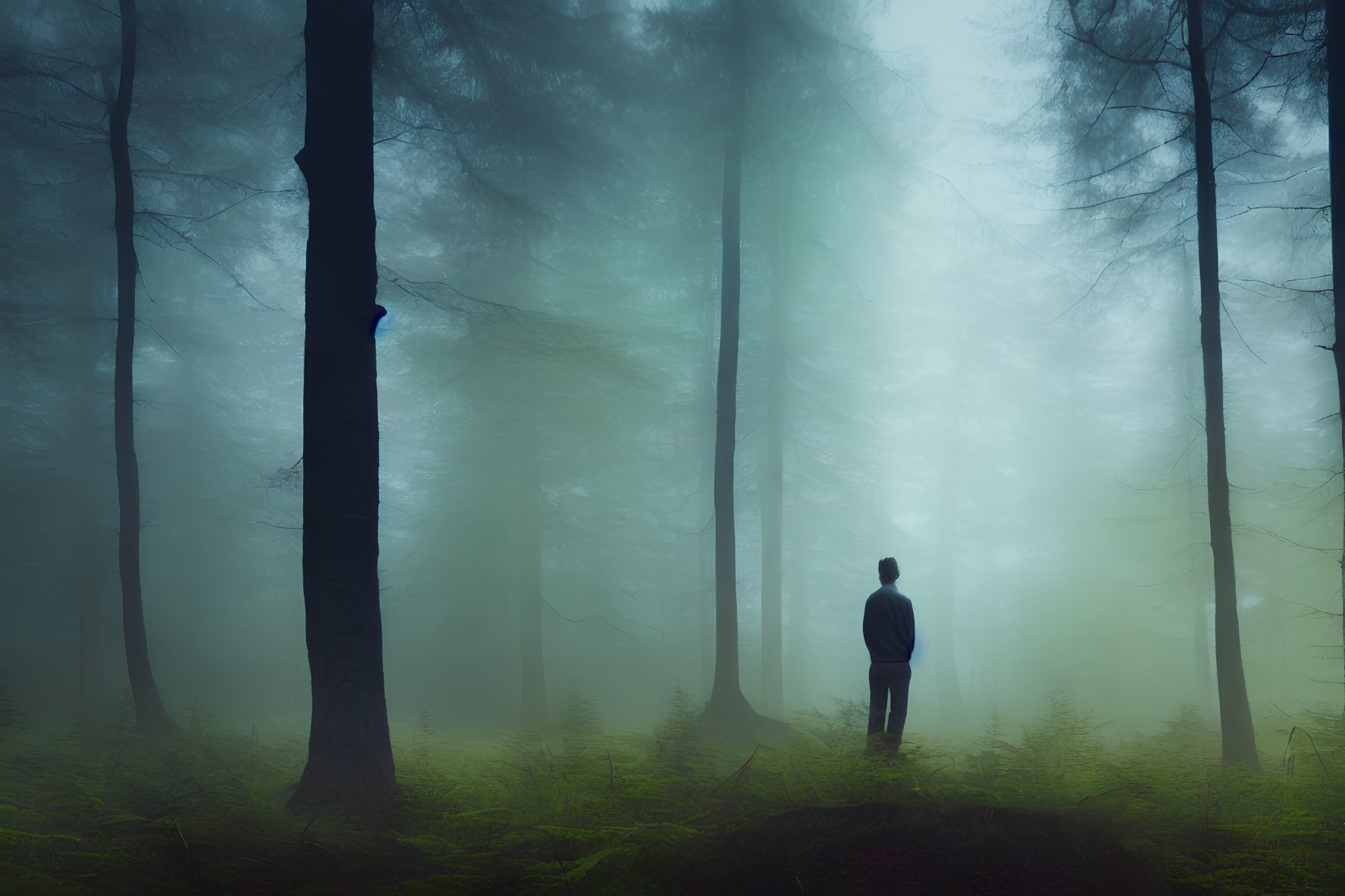 Lonely figure in misty forest with tall silhouetted trees