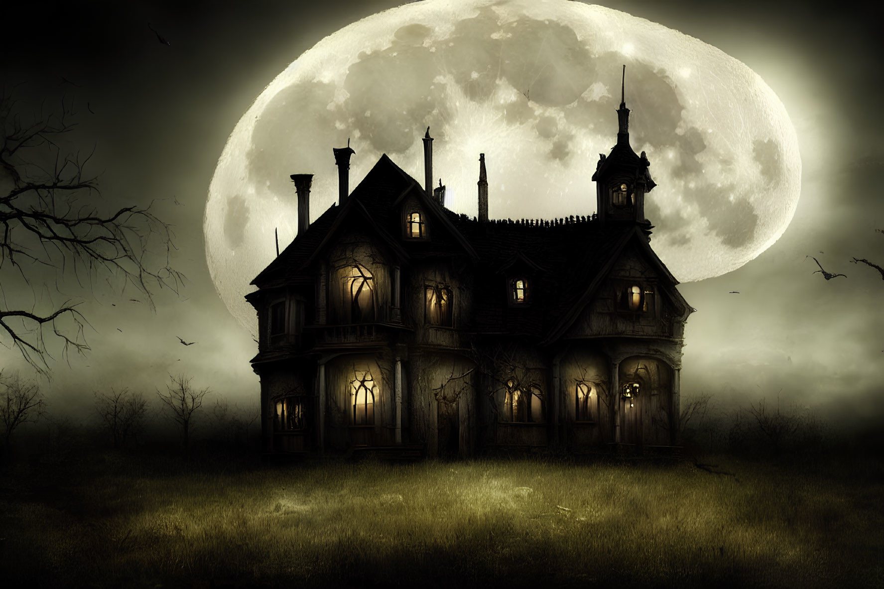Victorian mansion under full moon with bats, eerie lighting, and barren tree