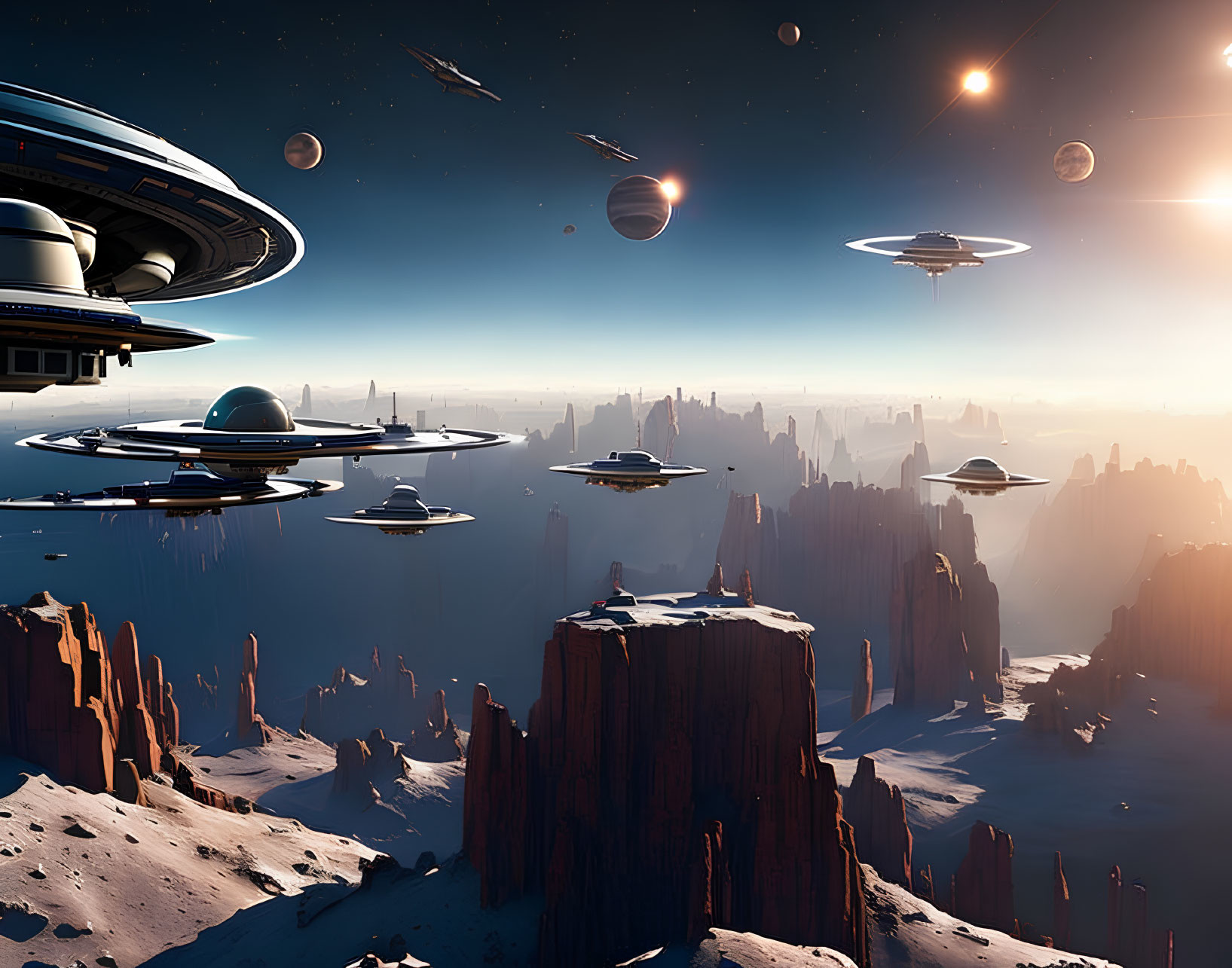 Futuristic cityscape with flying saucers above rocky outcrops and distant planets.