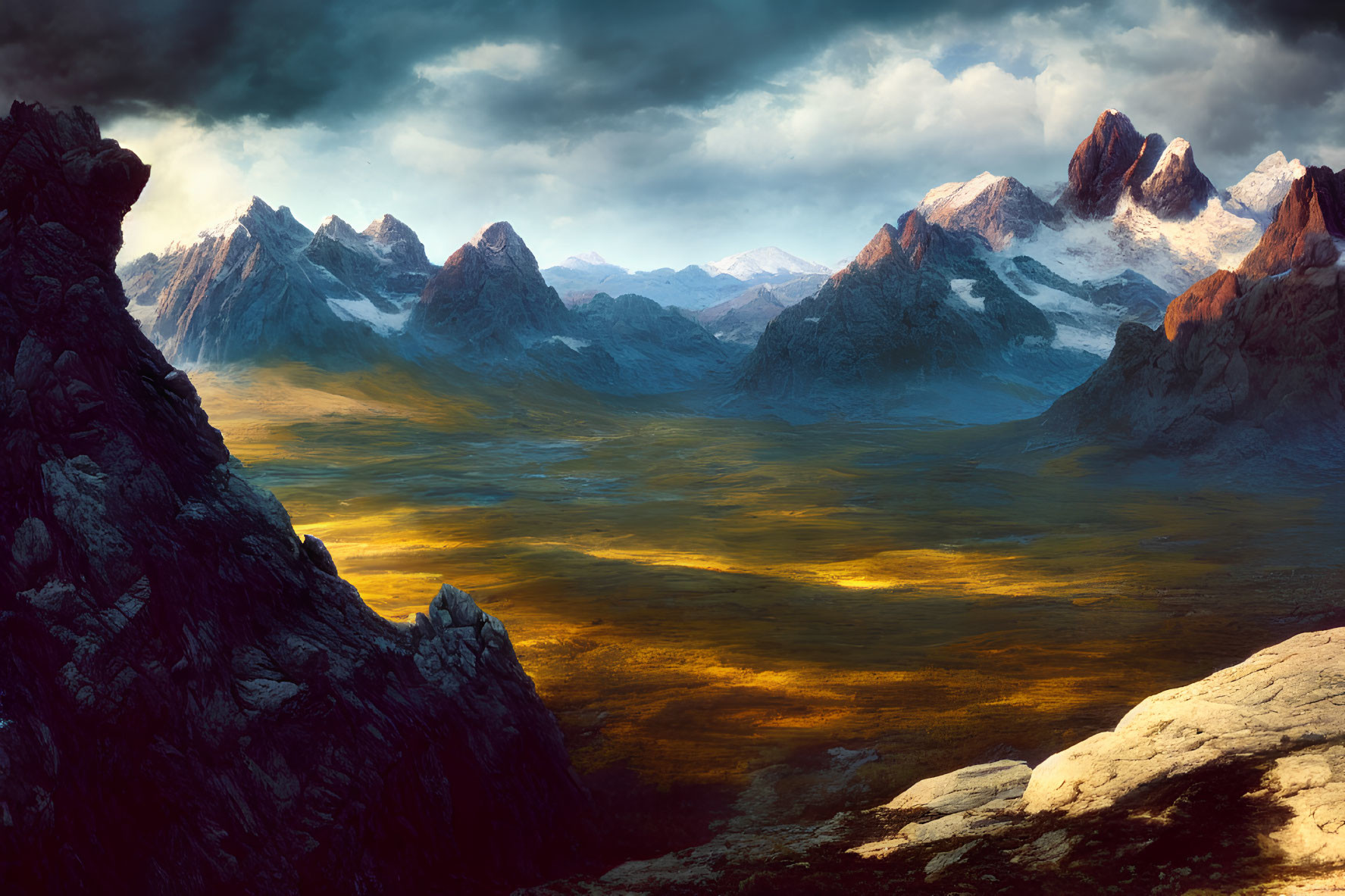 Panoramic landscape: rugged mountain peaks, dramatic cloudy sky, grassy valley in golden light