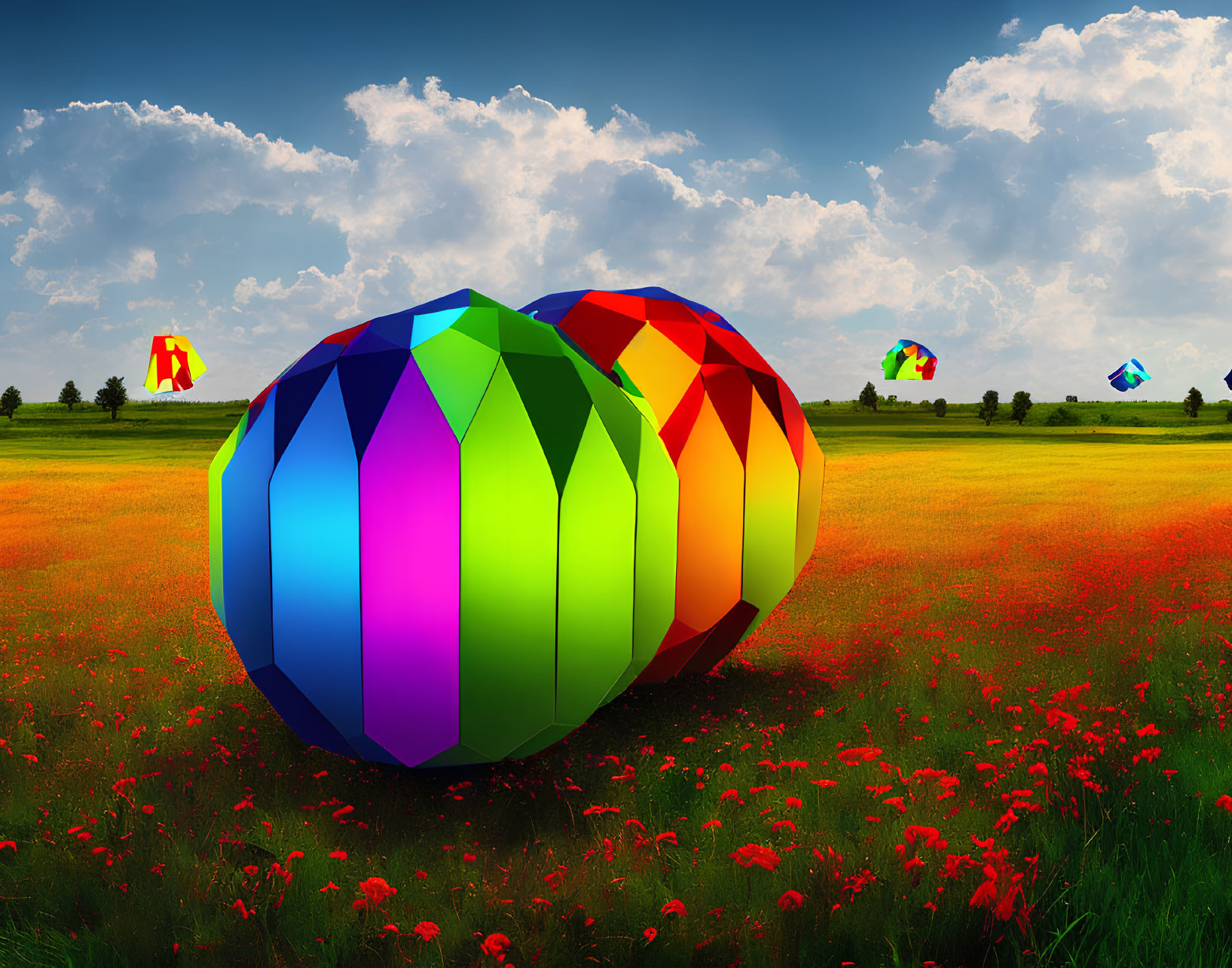 Colorful 3D gemstone shape among red poppies and kites in blue sky