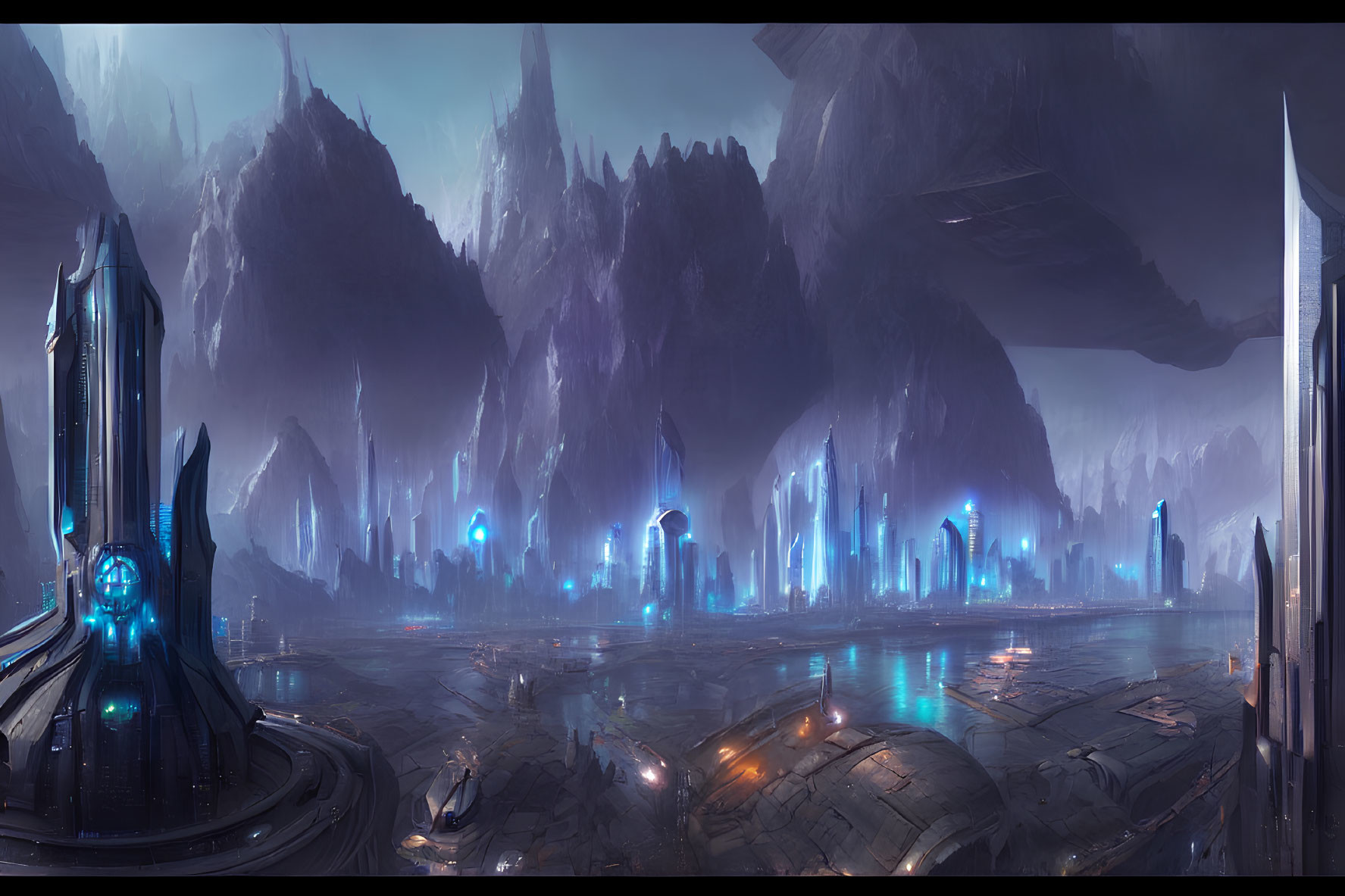Futuristic cityscape with towering spires and glowing lights against mountain backdrop