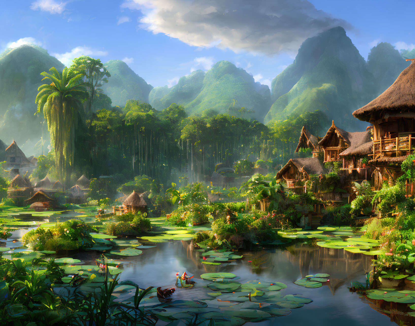 Tranquil landscape with thatched-roof houses, lush mountains, river, and boat.
