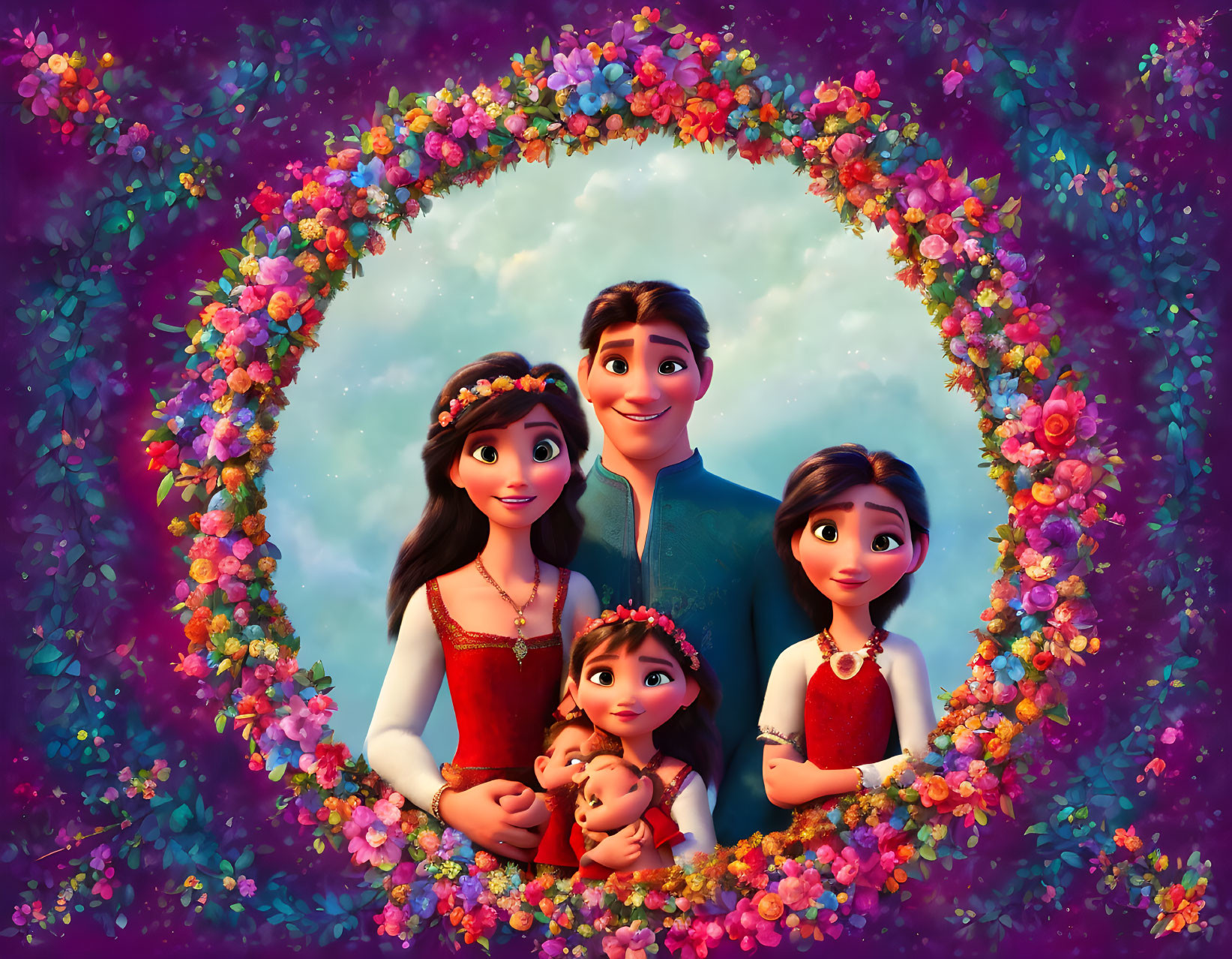 Illustration of family of four in heart-shaped floral wreath on gradient backdrop
