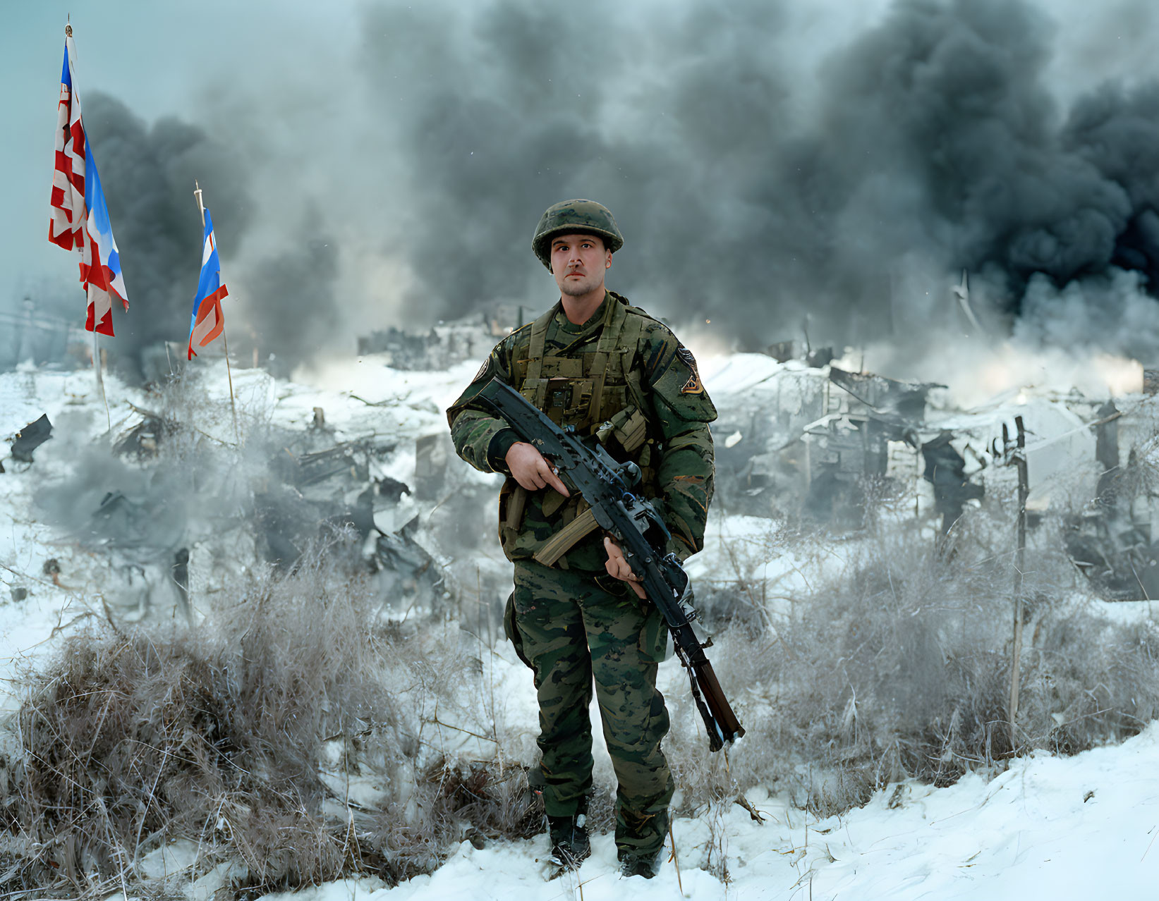 Soldier in camo gear with rifle in smoldering ruins and flags under gloomy sky