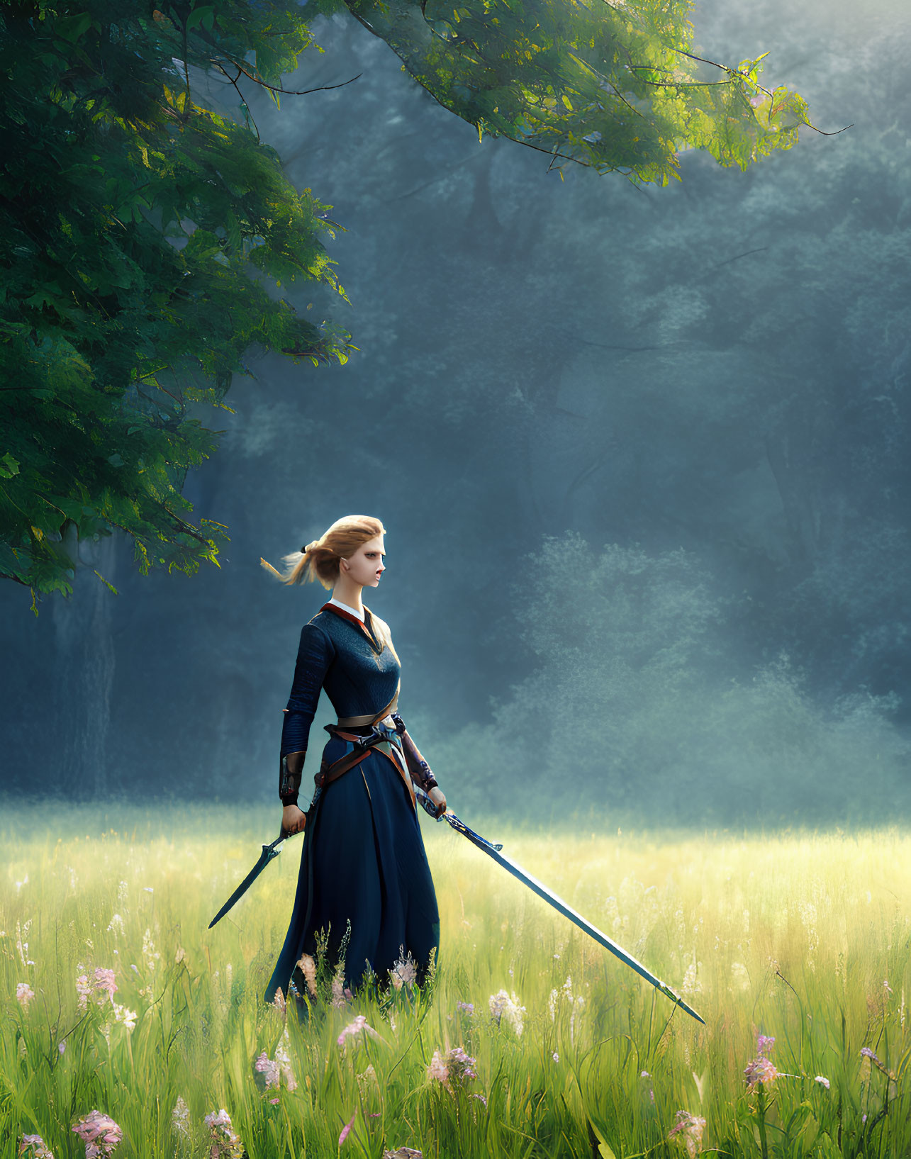 Medieval woman with sword in sunlit forest clearing