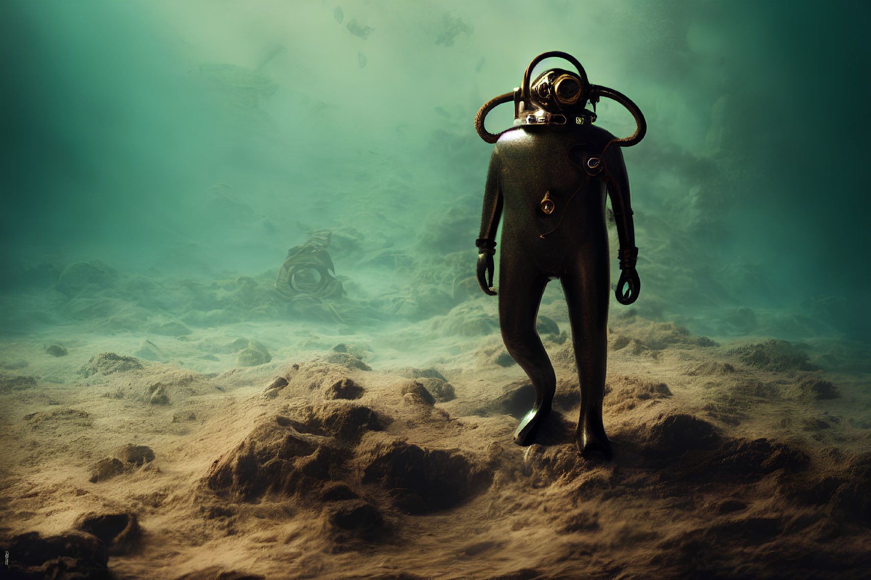 Vintage deep-sea diver in brass helmet on ocean floor among rocks.