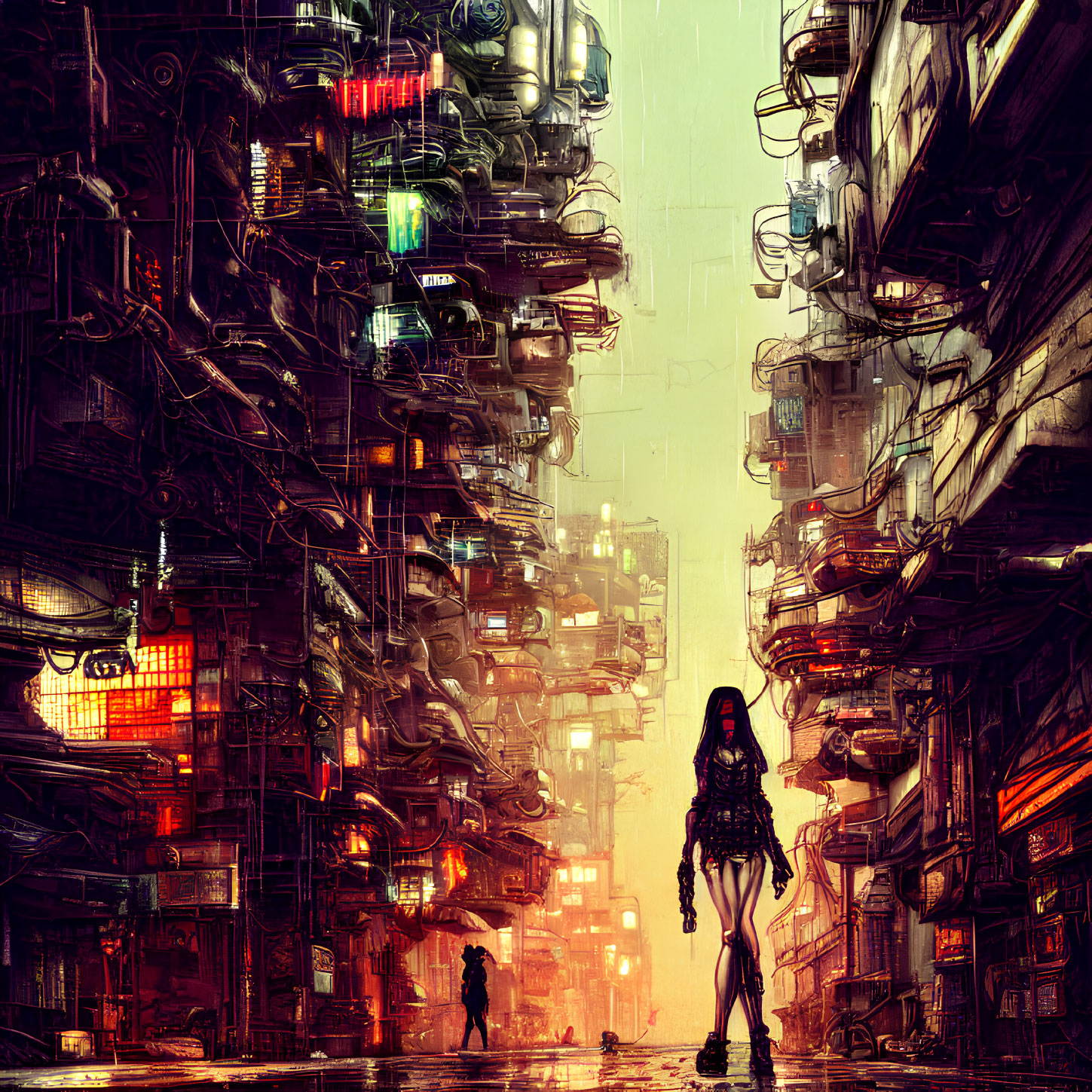 Figure in rain-soaked dystopian city alley with towering structures and neon lights