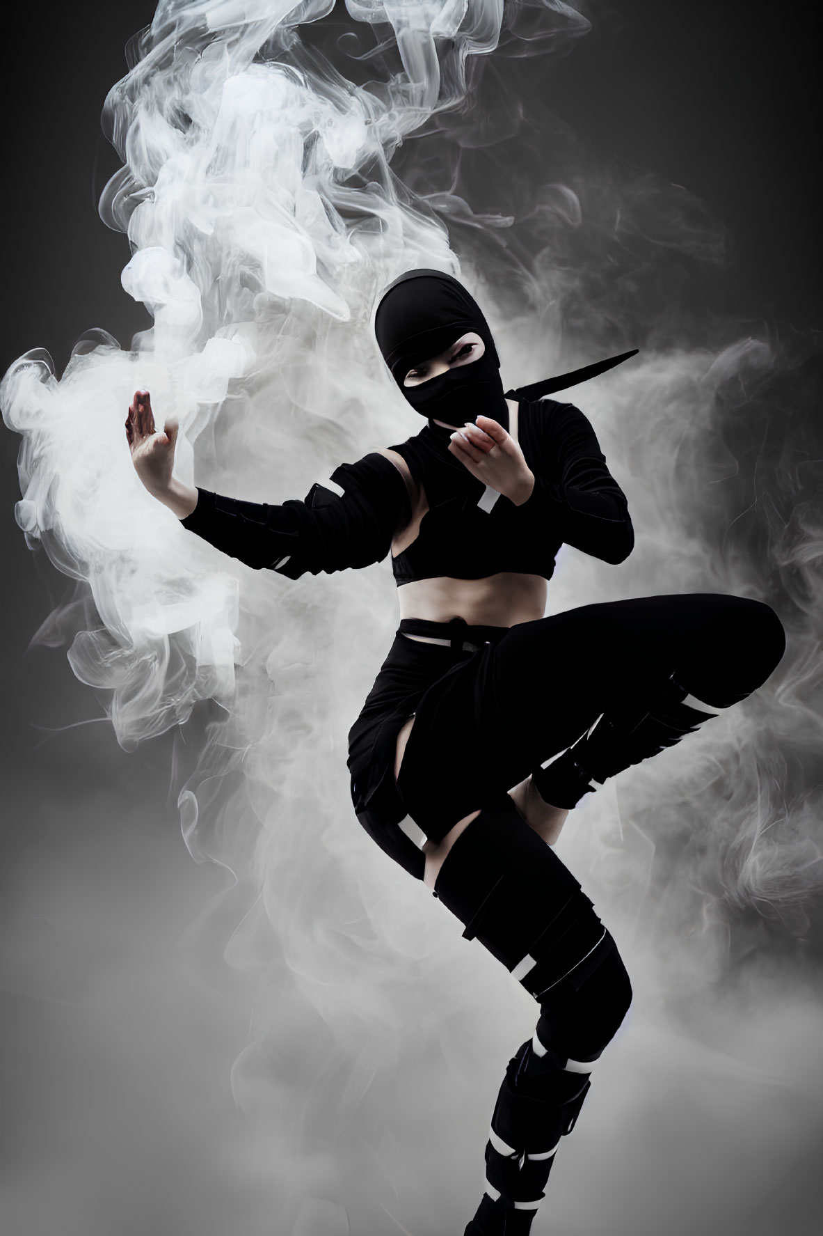 Mysterious Ninja in Black Attire Strikes Martial Arts Pose