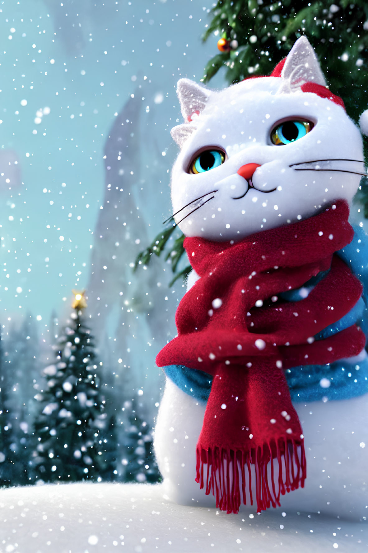 White Cat with Blue Eyes in Snowy 3D Animation